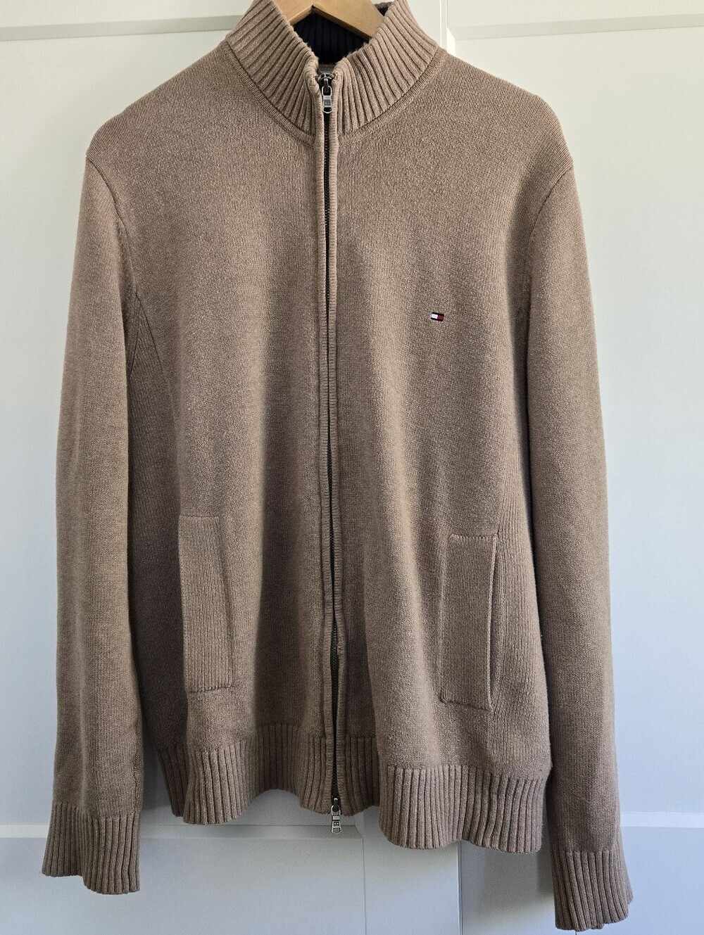 Tommy Hilfiger Men's Tan Large  Zip-Front Knit Sweater